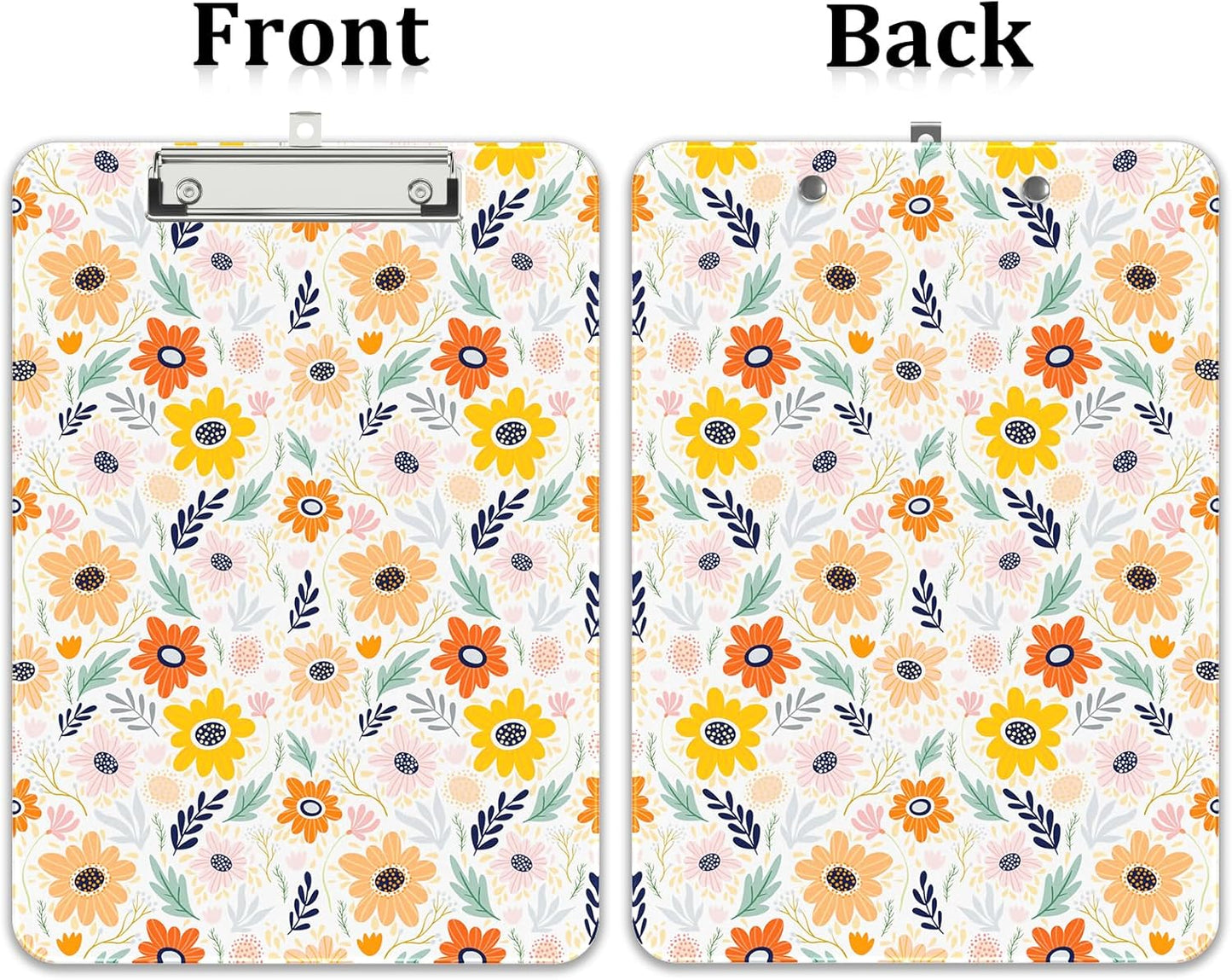 Rimilak Plastic Clipboards with Metal Clip, A4 Letter Size 9 x 12.5 in, Office Decorative for Students Women Men and Kids, Cute Custom Pattern, Orange Flower