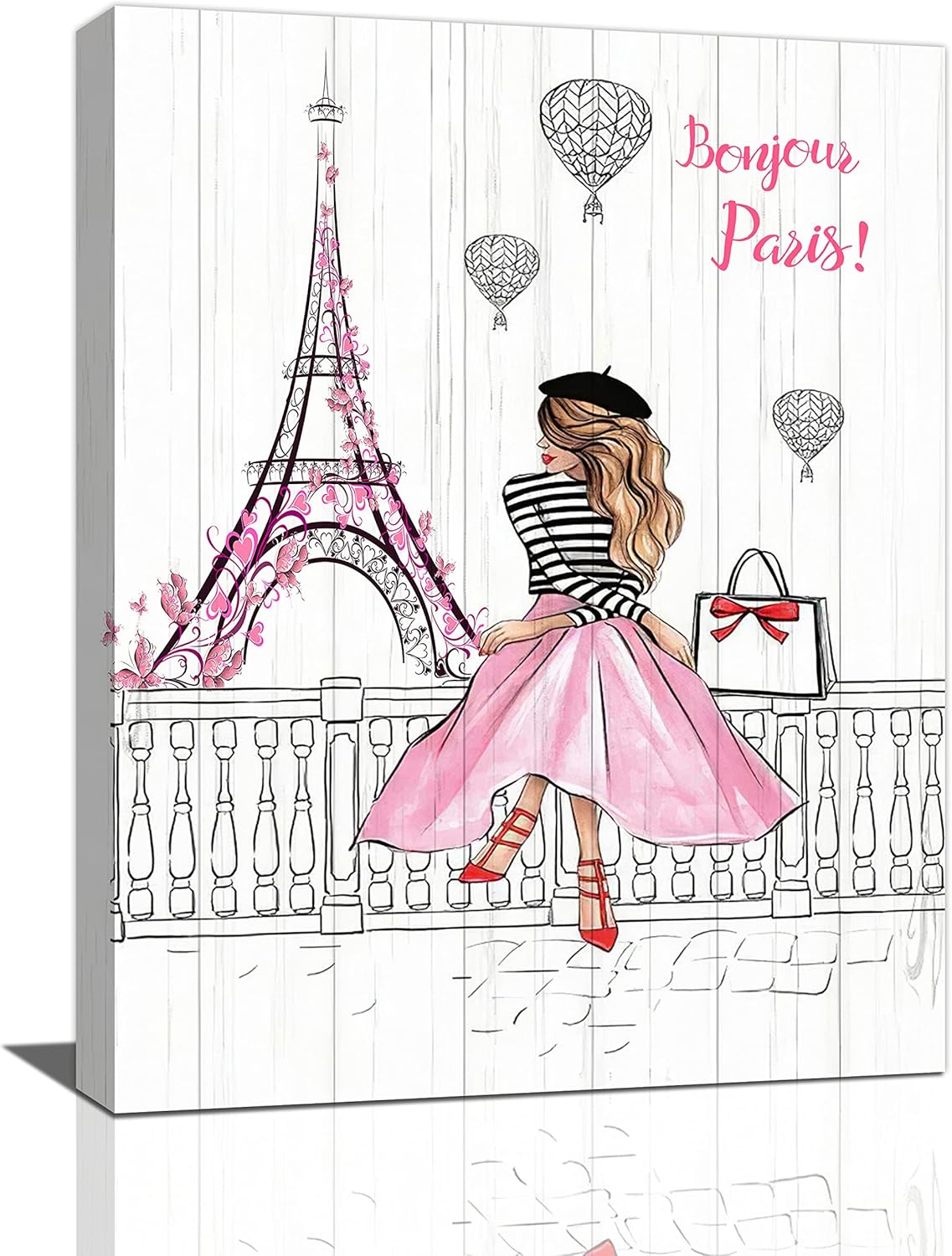 Pink Eiffel Tower Wall Art Romantic Paris Fashion Women Canvas Wall Decor Butterfly Eiffel Tower Picture Painting Print Modern Atwork For Girls Women Room Bathroom Office Framed Ready to Hang 12"x16"