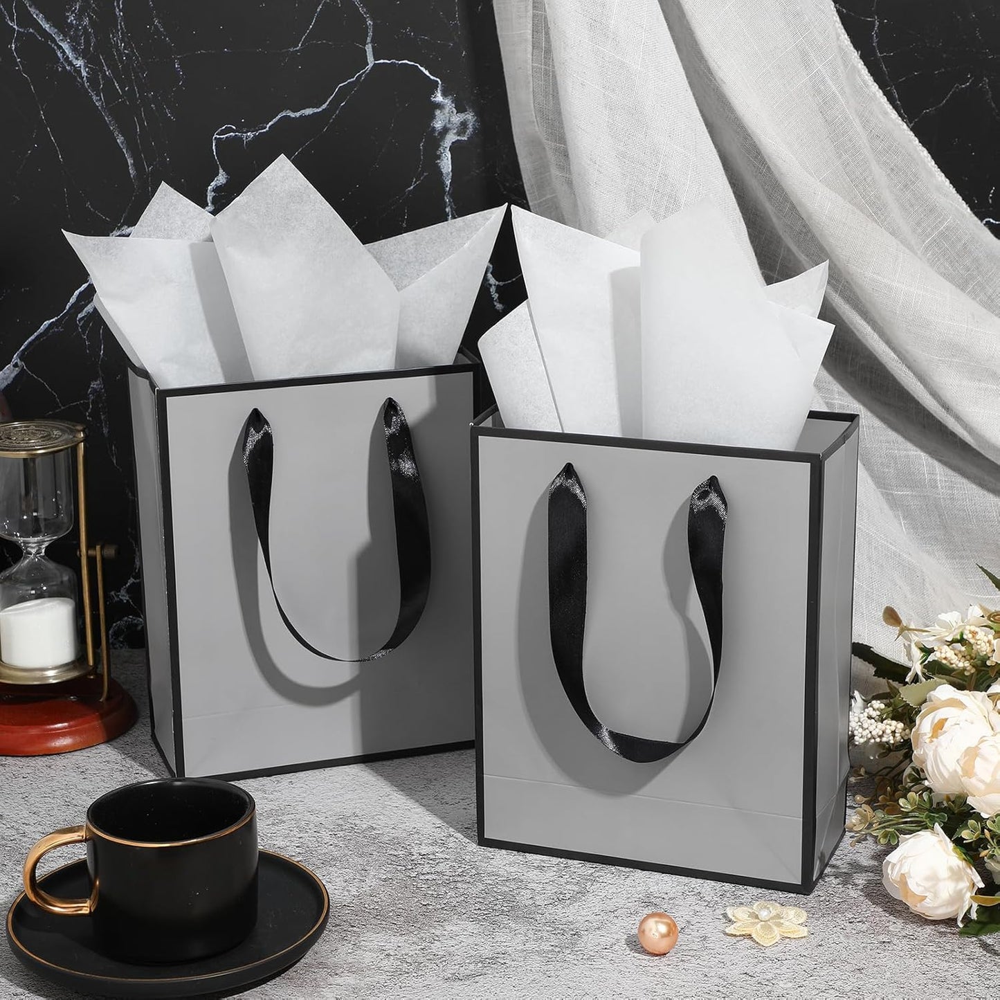 Yeaqee 24 Pack Metallic Paper Gift Bags with Handle and Tissue 9x7x3.1 Gold Foil Welcome Favor Bags Return Gifts for Wedding Fall 5 Senses Christmas Bridesmaid Birthday(Gray, Black)