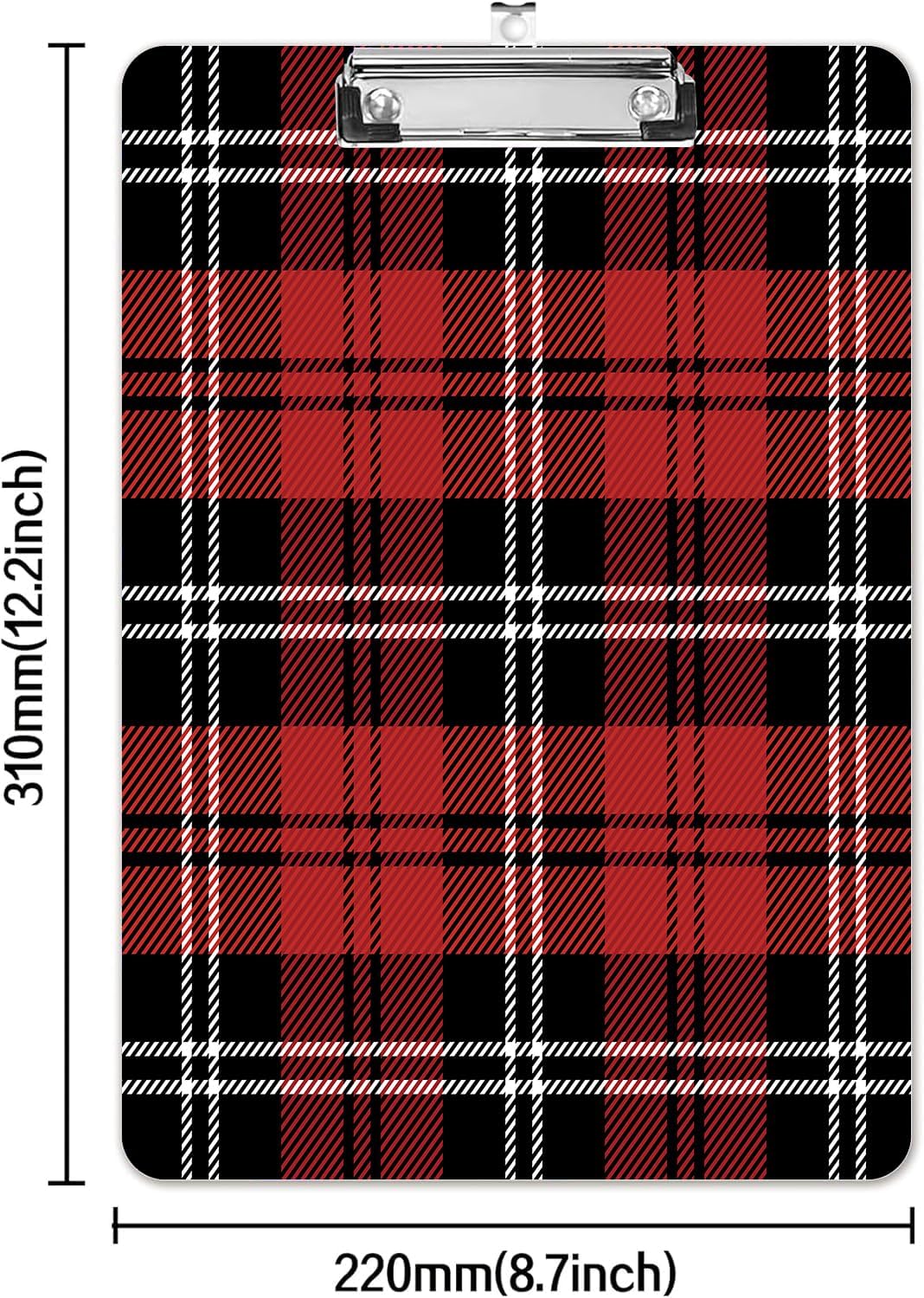 Fashion A4 Clipboard, Standard Letter Size 9" x 12.5", Decorative Wooden Clipboard with Low Profile Metal Clip for Office, School, Teachers, and Students, Black Red Plaid Tartan