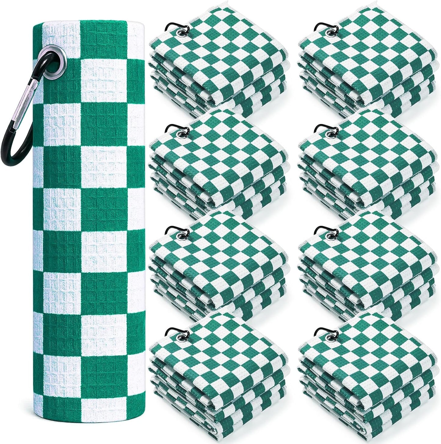12 Pcs Golf Towels Bulk for Bags Microfiber Waffle Pattern Golf Towel with Clip 16'' x 16'', Ultra Absorbent Quick-Dry, Mini Tournament Yoga Fitness Men's Gifts(Emerald Green)