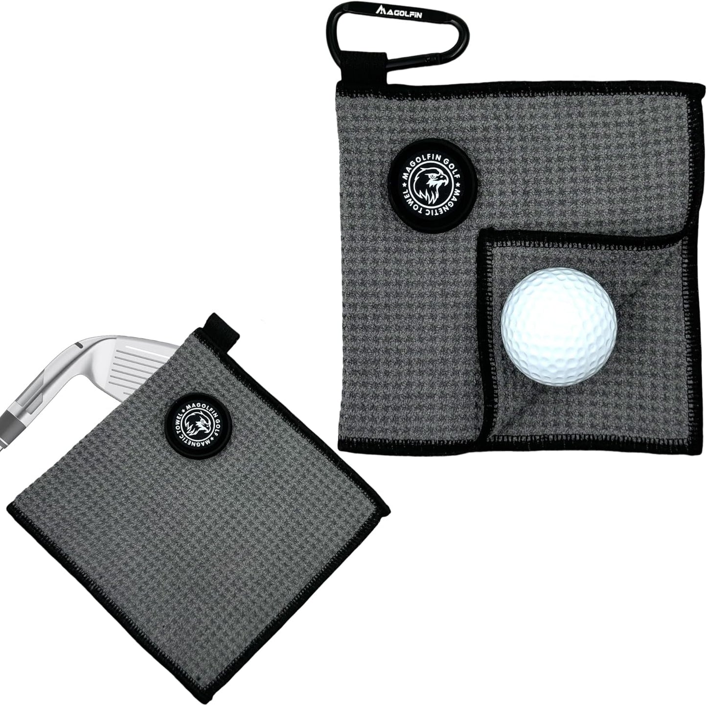 Small Magnetic Golf Towel with Clip, Microfiber Waffle Design - Industrial Strength Magnet for Glof Balls, Golf Bags, Carts Clubs - Gray