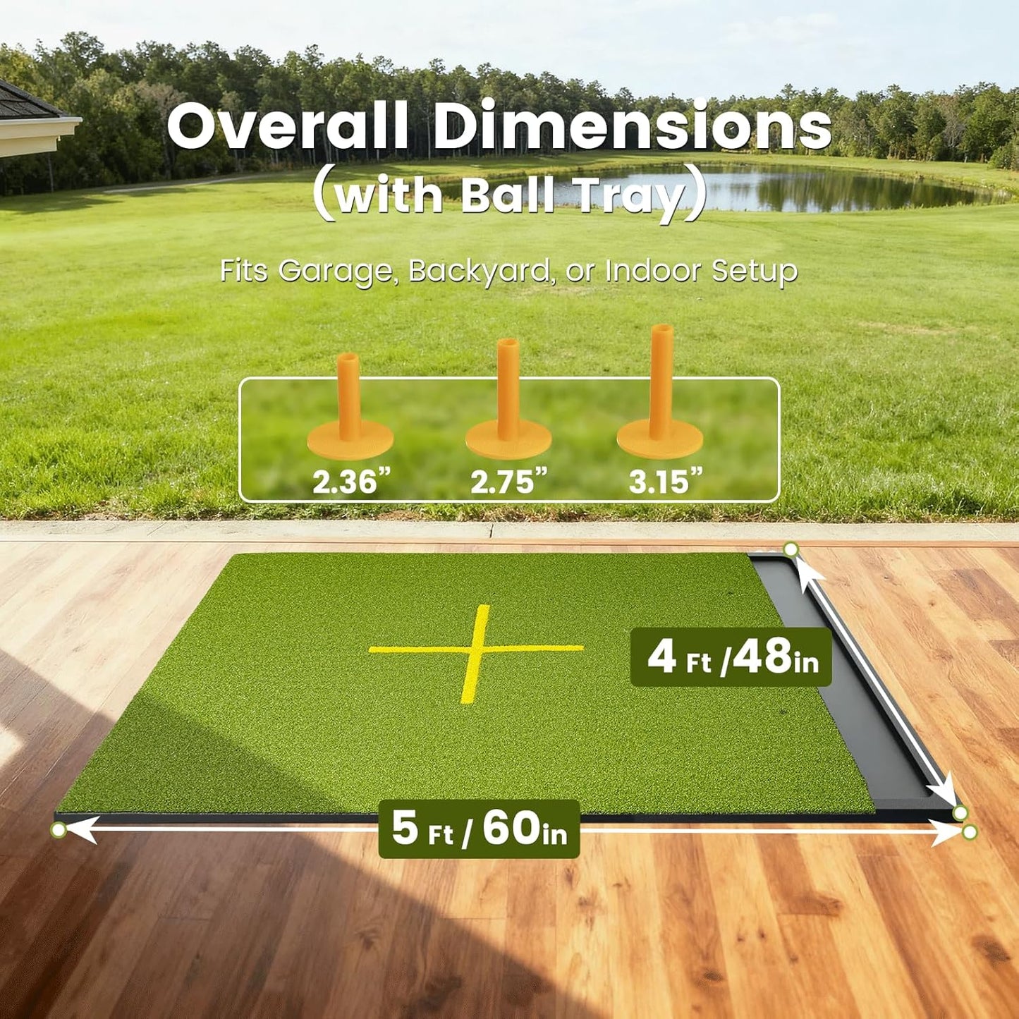 Golf Hitting Mat with Ball Tray, Stance Guide Cross-Line, 5x4ft & 6x4ft, 26mm & 31mm Thickness Green Turf Practice Mats for Indoor Outdoor, for Men, Dad, Husband & Golf Lovers