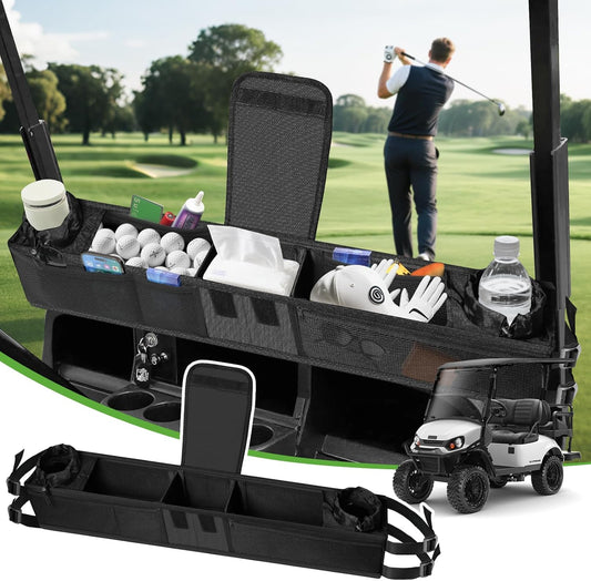 T TGBROS Universal Golf Cart Storage Organizer – Overhead Mesh Bag, Front Basket with Cup Holders & Push Cart Zippered Pouch Fits Club Car, EZGO, Yamaha, Kandi, Push Carts Large Capacity