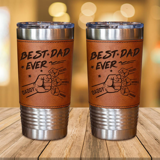 Best Dad Ever Fist Bump Tumbler Mug, Personalized Engraved Fathers Day Dad's Fist Bump Team Leather Tumbler 20oz, Custom Name Dad Tumblers Mug Gifts for Daddy Papa Grandpa Birthday Fathers Day