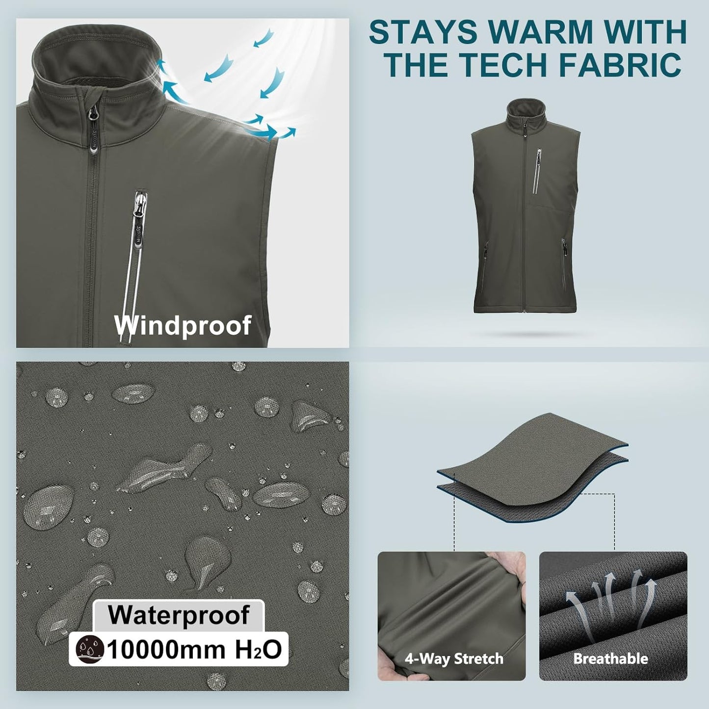 33,000ft Men's Windproof Lightweight Golf Vest Outerwear with Pockets, Softshell Sleeveless Jacket for Running Hiking Sports