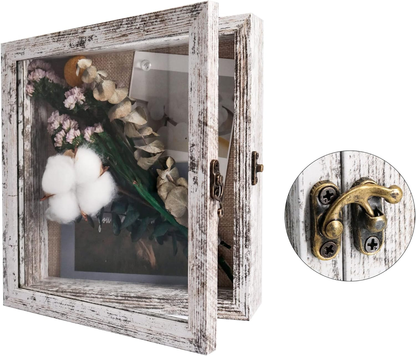 GraduatePro Shadow Box Frame 8x8 Display Case with Linen Back, Real Glass Window Door with Hinge, Picture Frame Wedding Bouquet Memorabilia Medals Photos Memory Box for Keepsakes, Rustic White