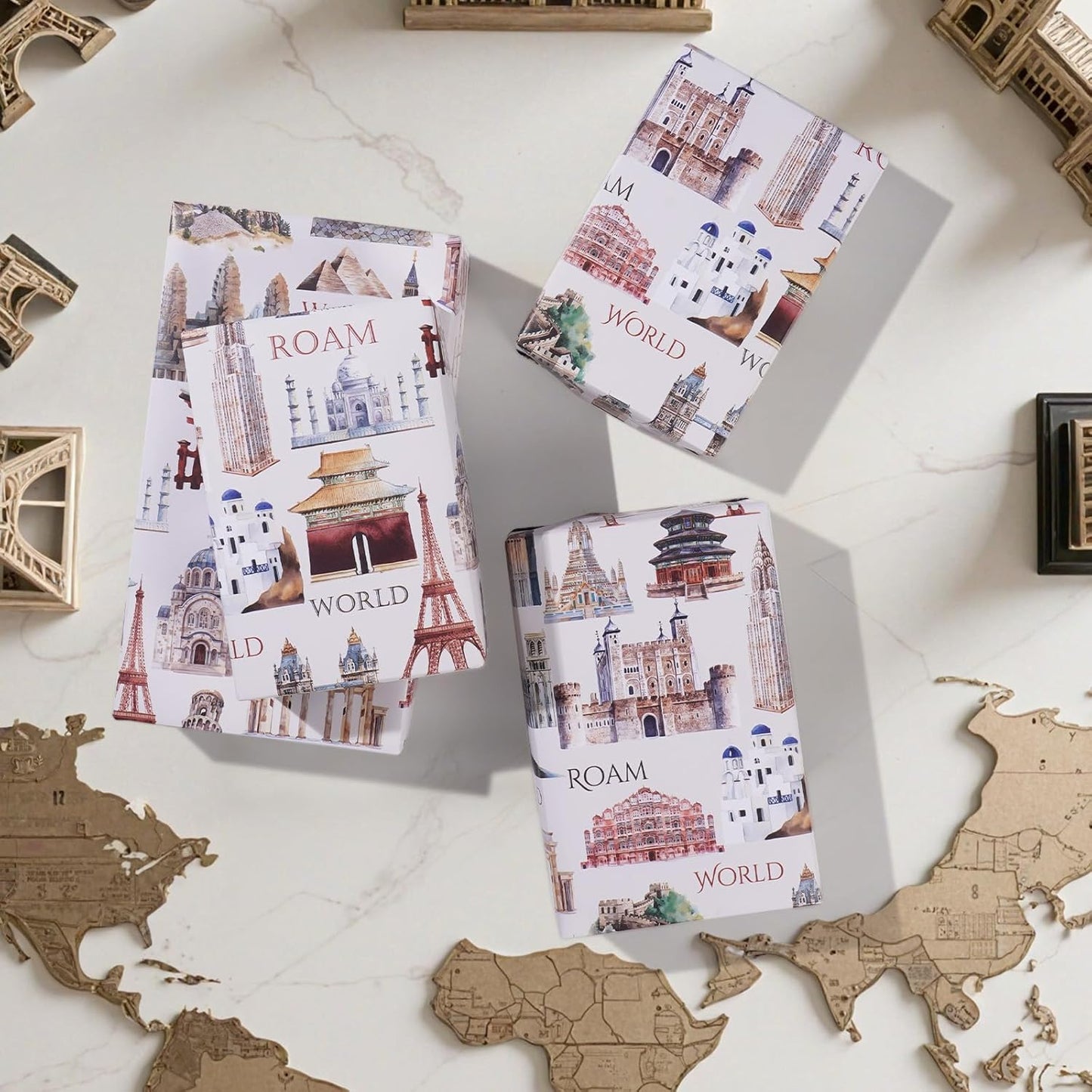 Pineraap World Landmark Wrapping Paper Roll - 17Inch x16.4Feet - Eiffel Tower,Big Ben,Statue of Liberty Themed Watercolor Gift Wrap for Travel Enthusiasts,Holidays,Birthdays