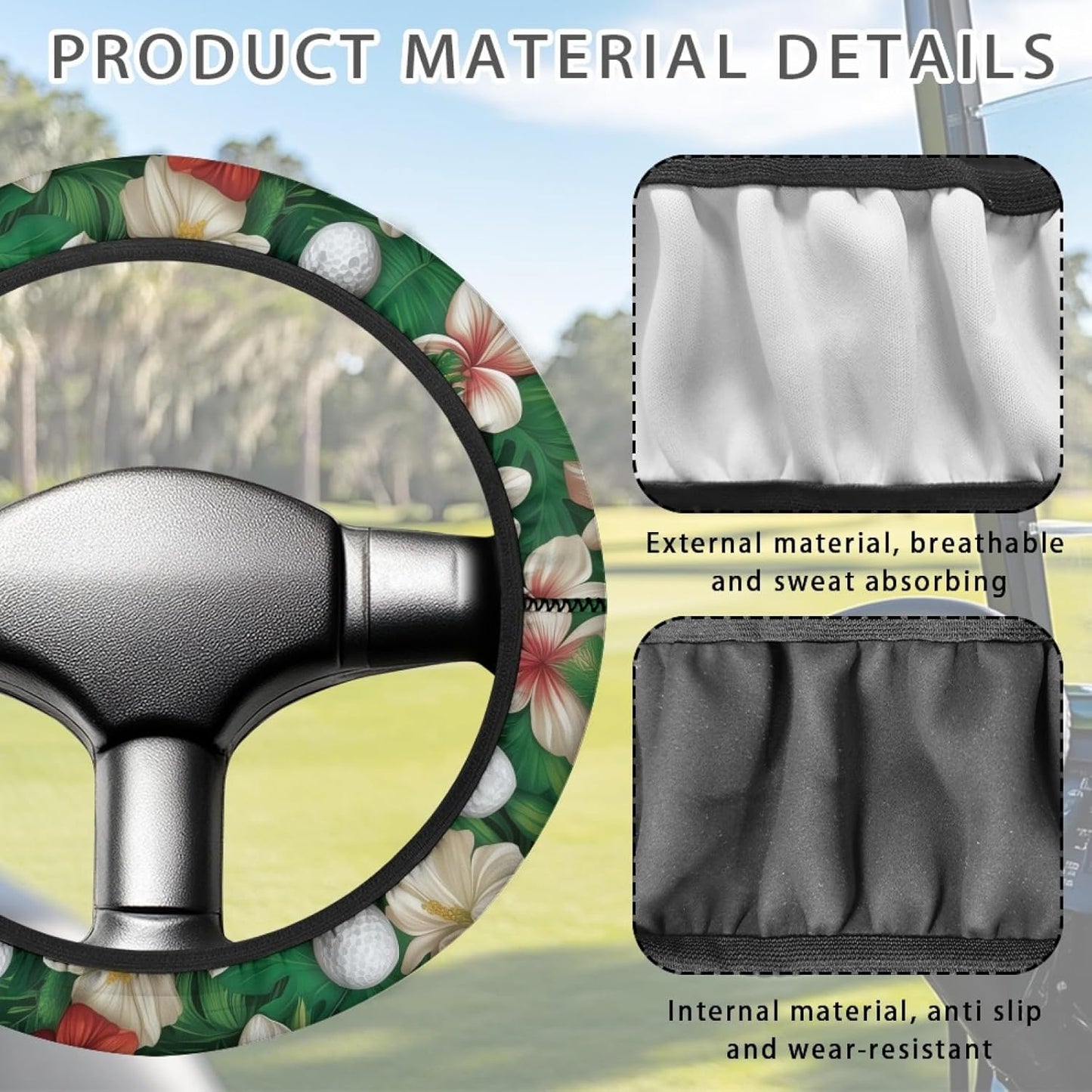 Hibiscus Golf Cart Steering Wheel Cover Golf Ball Golf Cart Steering Wheel Covers for Club Car Universal Fit Boat Steering Wheel Cover Accessories