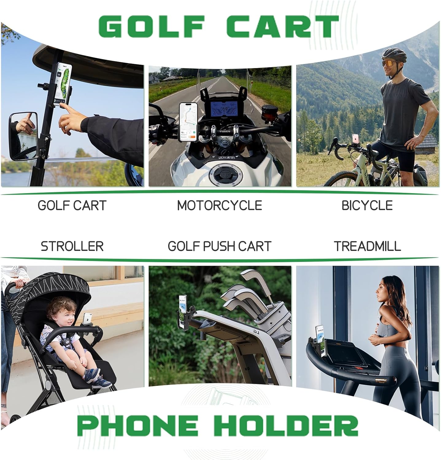 Golf Cart Phone Holder for EZGO Club Car Yamaha, Widely Use for Golf Push Cart Motorcycle Bike Treadmill Scooter Phone Mount, Compatible with iPhone/Samsung/Pixel All Phones, Golf Cart Accessories