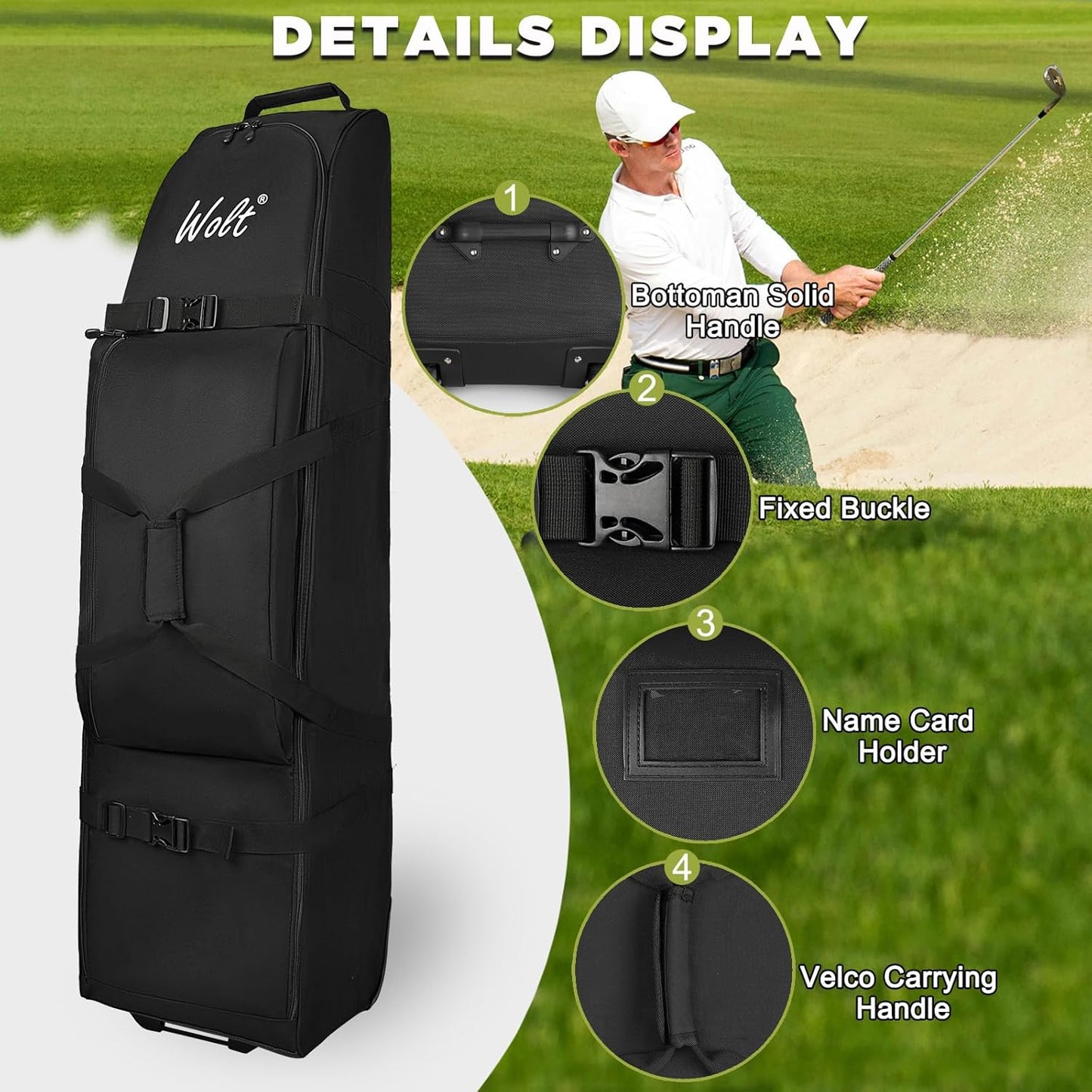WOLT Golf Travel Bag with Anti-Impact Support System - Soft Padded Golf Travel Case for Airlines, Golf Travel Cover with Wheels