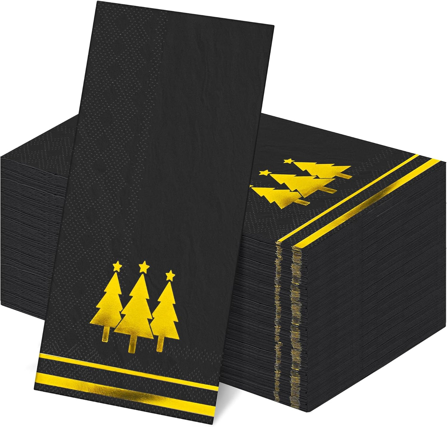 100 Pieces Christmas Napkins Disposable Christmas Gold Paper Napkins 7.8 x 4.3 Inch Decorative Guest Party Napkin Black Gold Foil Xmas Tree Hand Towels for Winter Party Wedding Birthday