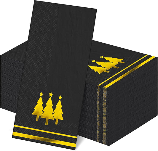 100 Pieces Christmas Napkins Disposable Christmas Gold Paper Napkins 7.8 x 4.3 Inch Decorative Guest Party Napkin Black Gold Foil Xmas Tree Hand Towels for Winter Party Wedding Birthday