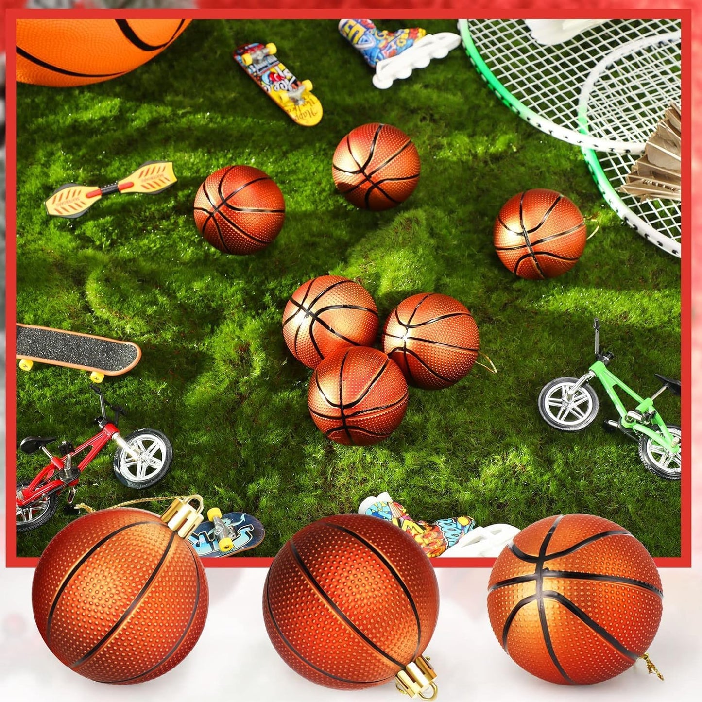 Leitee 12 Pcs Christmas Plastic Basketball 2.36 Inch Xmas Tree Ornaments with Hanging Loop Sports Theme Decorative Hanging Ornaments for Holiday Party Christmas Tree Home