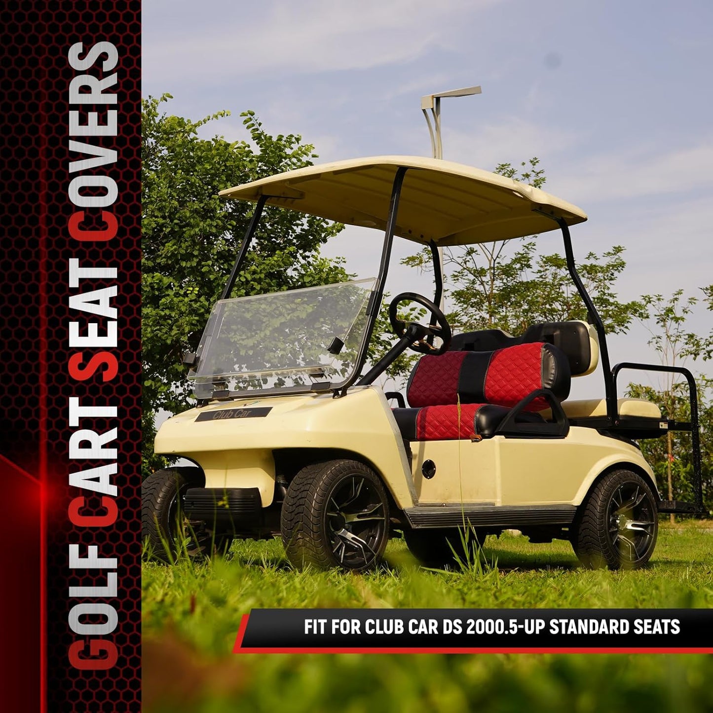 Golf Cart Seat Covers for Club Car DS 2000.5+ Front OEM Universal Seat Cushion, Marine Grade Vinyl Leather Club Car DS Seat Covers/Easy to Install-Deep Red (2PCS)