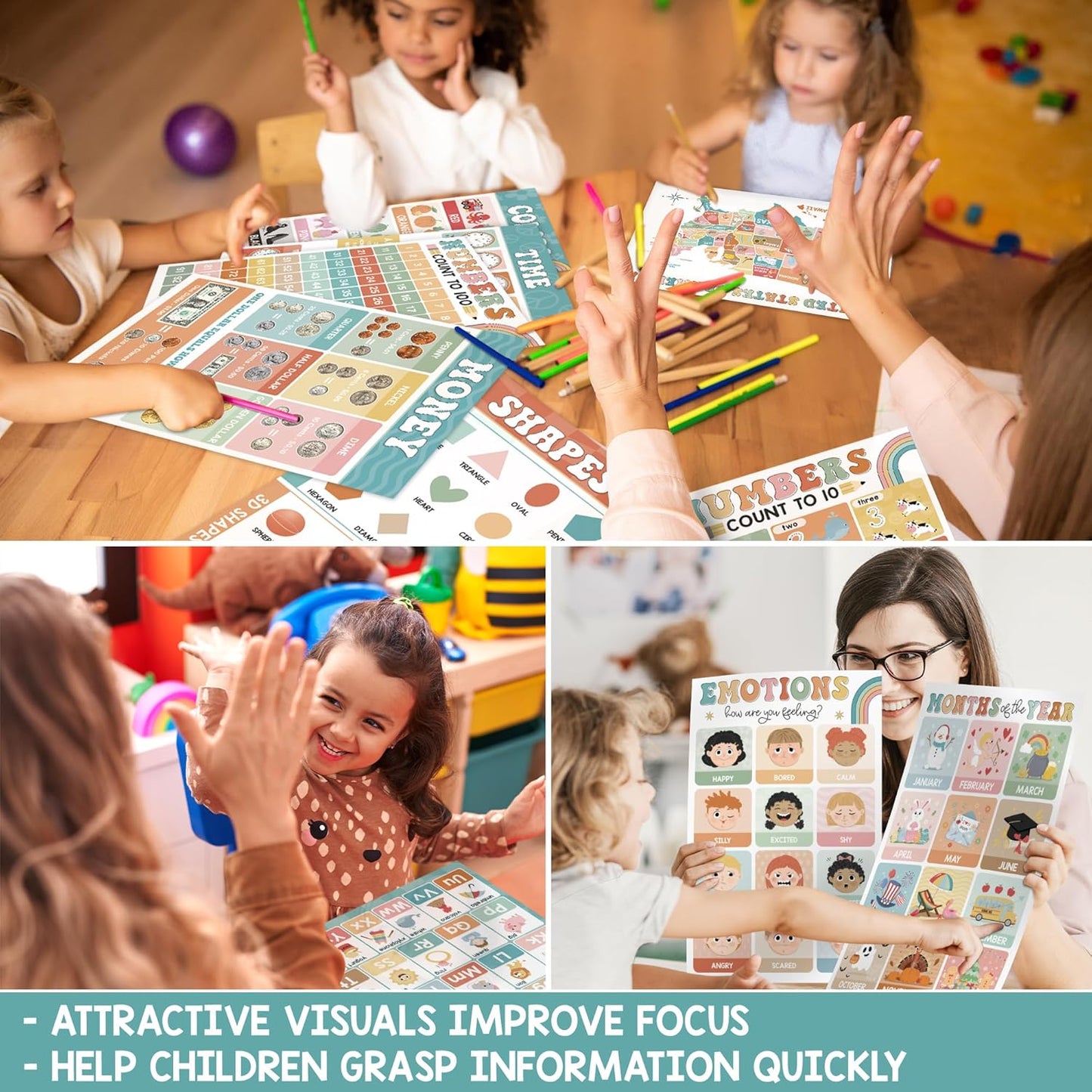 BEAWART 16 Boho Groovy Educational Posters for Preschoolers - Laminated Pre-K and Kindergarten Learning Poster Charts for Toddlers 1-3-5 - Homeschool and Classroom Decor for Kids' Walls