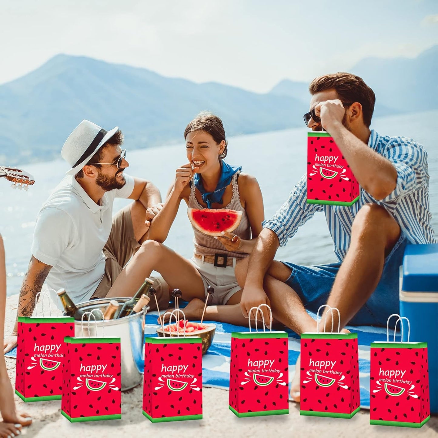 gisgfim 12 Pieces Watermelon Theme Party Bags - Summer Birthday Party Goody Treat Paper Bags - Fruit Theme For Kids Boys Teens Adults