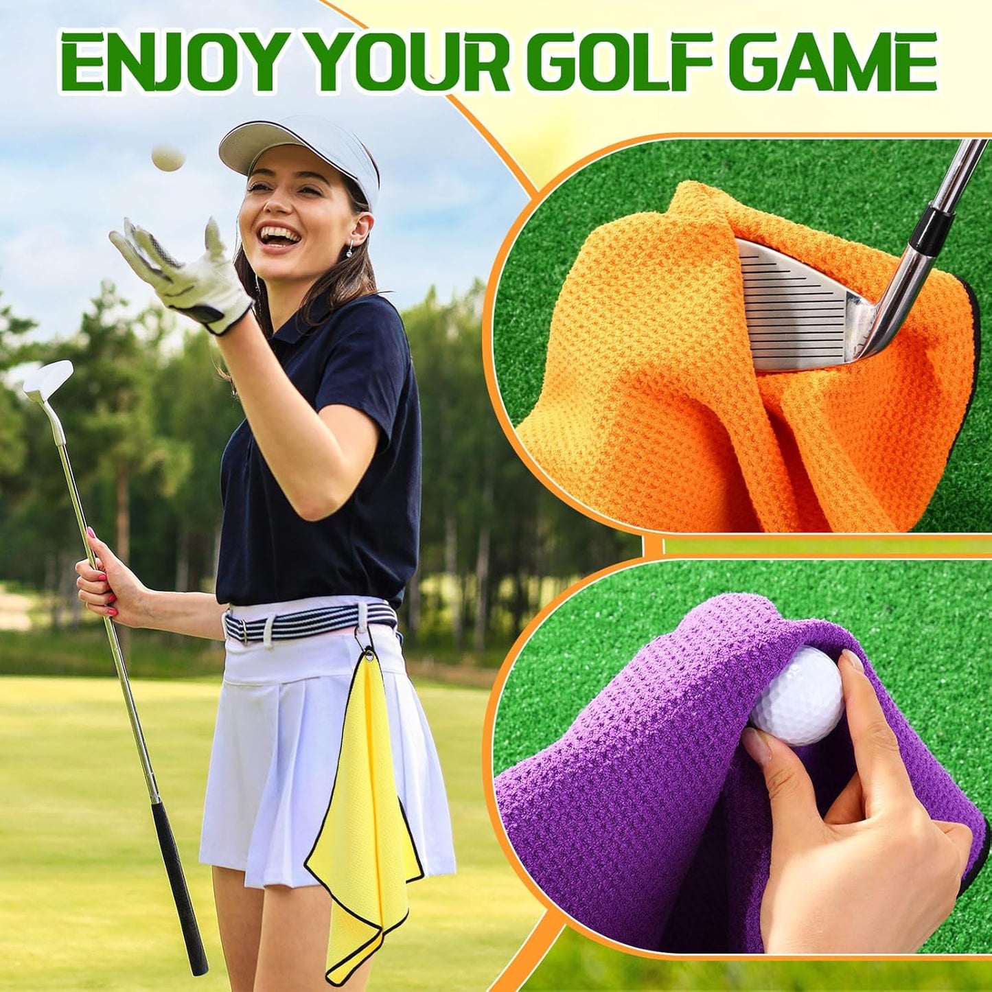 Batiyeer 12 Pcs Golf Towel Bulk for Golf Bags 16'' x 16'' Microfiber Fabric Towel with Clip Waffle Pattern, Fitness, Camping, Hiking, Yoga