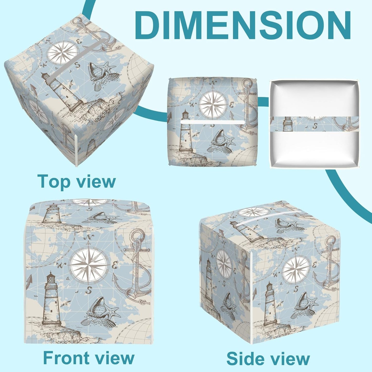 Compass Sea Map Tissue Box Cover,Anchor and Seashells Tissue Box Holder Square,Waterproof Leather Organizer Portable Decorative Facial Paper for Bedroom Dresser Night Stand Office,5.2" x 5.2" x 5.2"