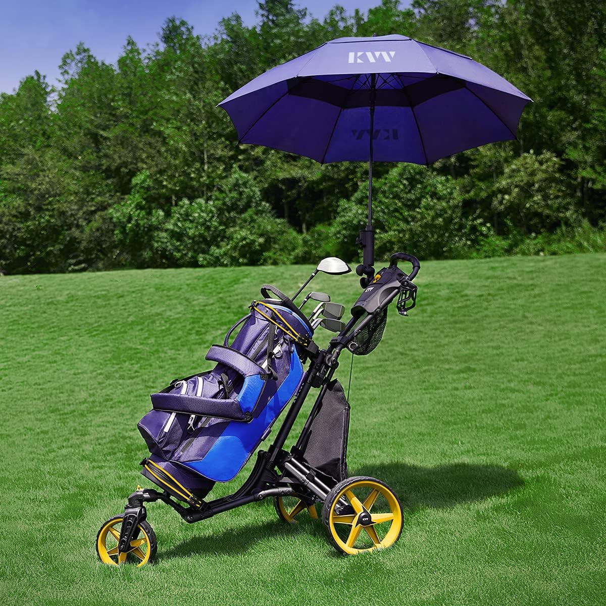KVV 3 Wheel 360 Rotating Front Wheel Golf Push Cart Open and Close in ONE Second-Free Umbrella Holder Included