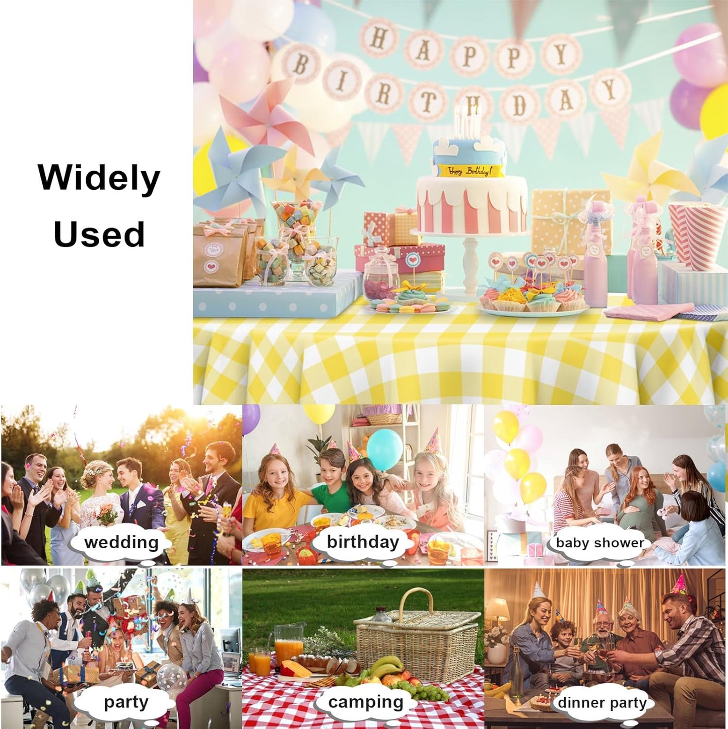 3 Pack Yellow and White Checkered Tablecloth, Round Yellow Gingham Plastic Table Cloths for Parties Disposable, 84x84 in Waterproof Camping Tablecloth for Birthday Party Baby Shower Picnic School