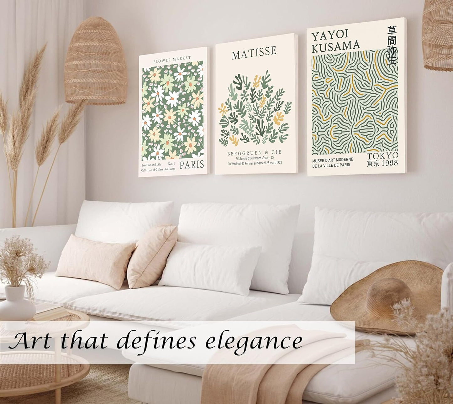 Induslyfe Large Framed Green Wall Art Canvas Decor Set of 3, Matisse Wall Art Framed Prints Posters Mid Century Modern Art, Aesthetic Floral Botanical wall art for bedroom, living room bathroom 18x24