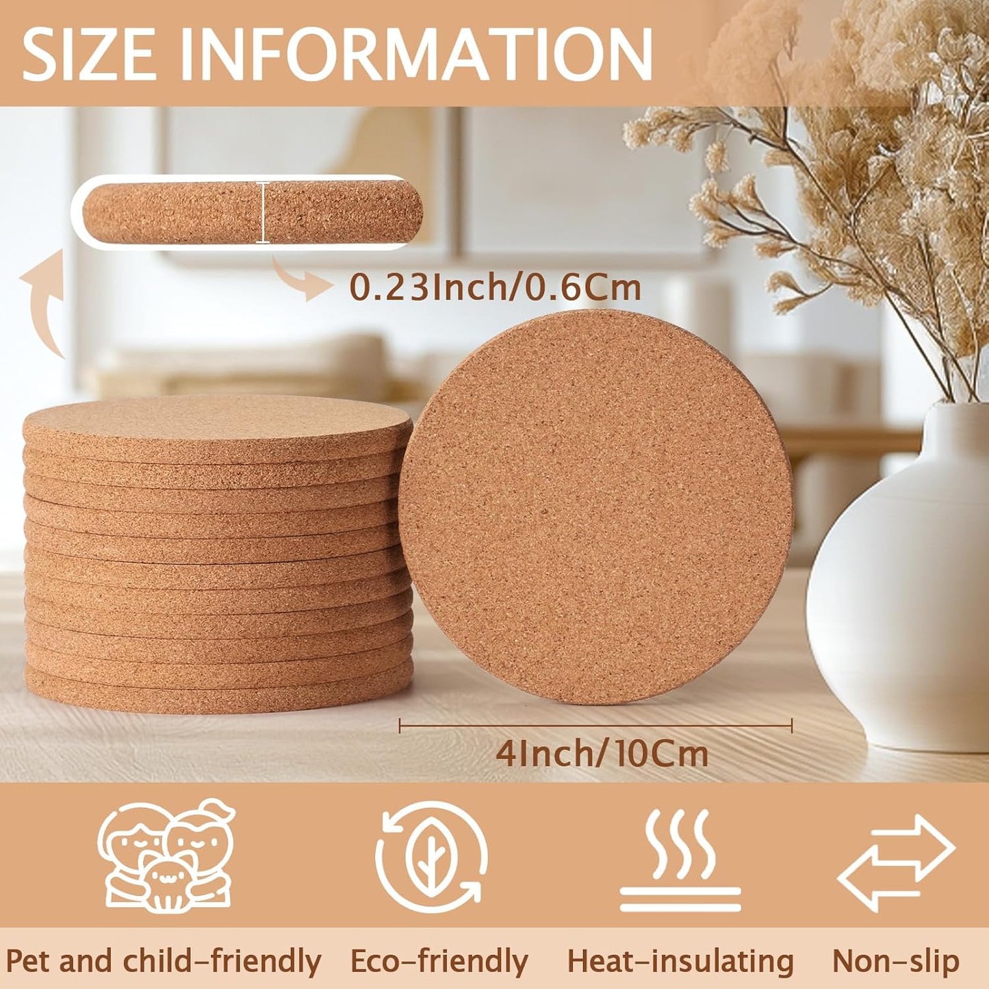 100 Pieces Cork Coasters for Drinks, GOH DODD Thicken Absorbent Blank Coasters for DIY Crafts Laser Engraving Sublimation Wood Burning Plants Painting Housewarming Gifts Wedding, Round, 4 Inch