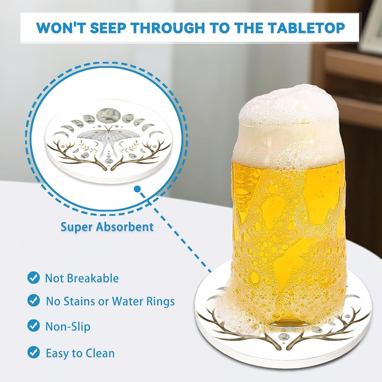 Drinks Coasters Set of 4, Luna Moth Round 4" Cup Coasters, Absorbent Ceramic Stone Coasters with Cork Base, Cute Coasters for Table Home Décor, Ideal Gifts for Women Men