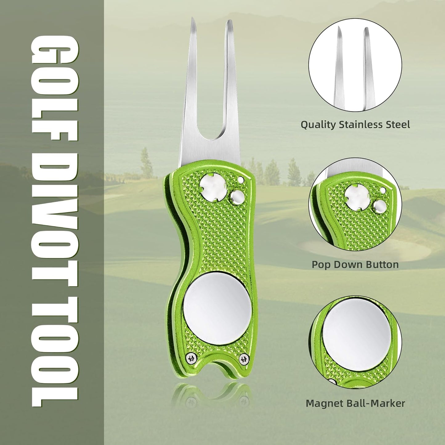 Mile High Life Golf Divot Repair Tool, All Metal Foldable Divot Tool with Pop-up Button & Magnetic Ball Marker, 2-6 Pack