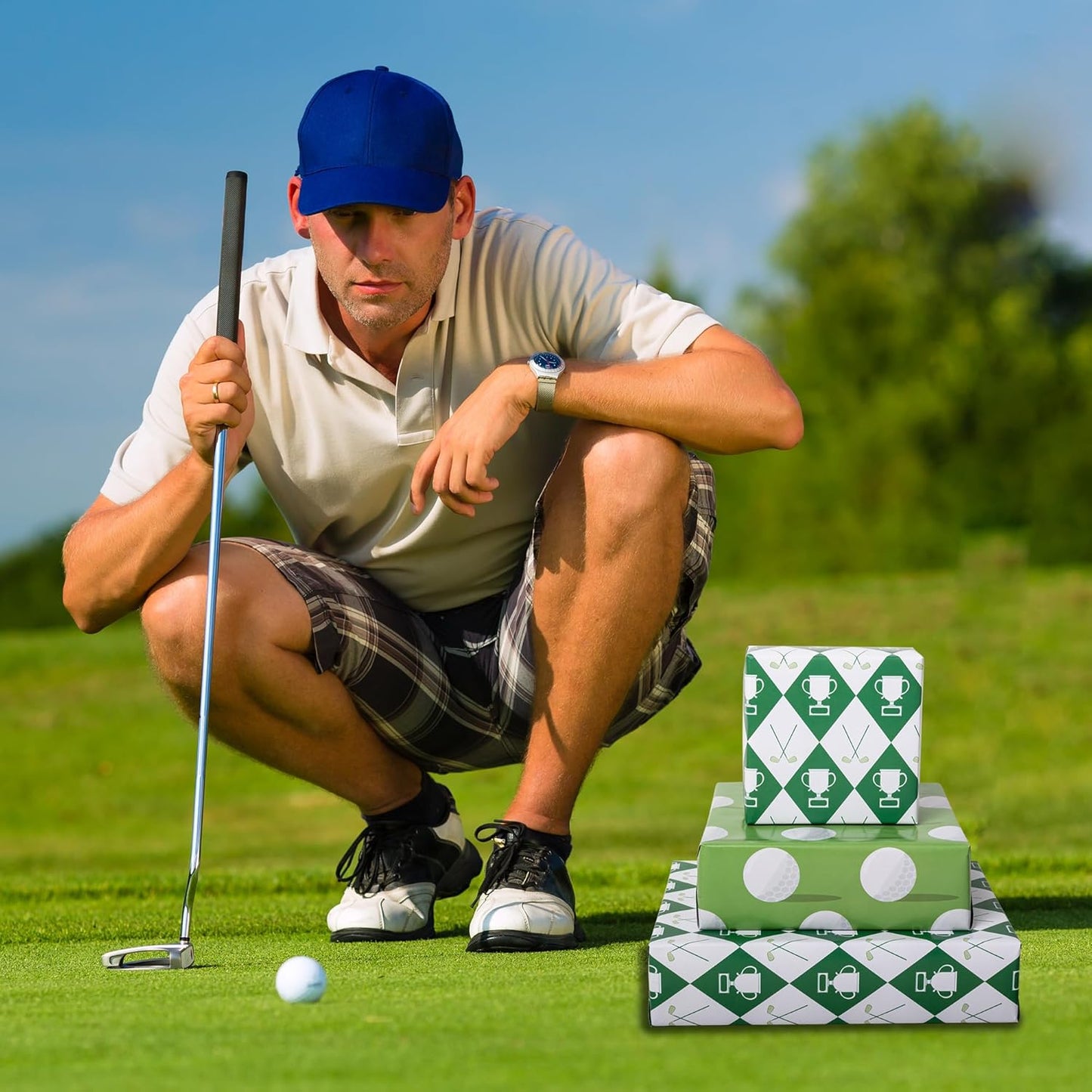 Vnaaem Reversible Golf Wrapping Paper Roll for Men Kids - Green Golf Champion Plaid Clubs & Golf Balls Design Gift Wrap for Birthday, Holiday, Summer Party Favor - 17 in x 20 ft(Total 28.5sq.ft)