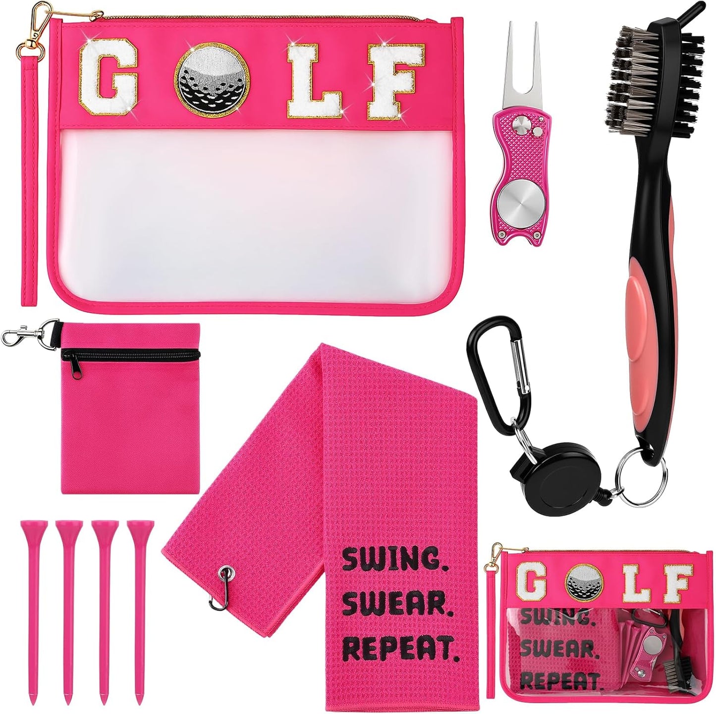 9 Pcs Golf Accessories Kit Included Golf Tees Towel Divot Tool Cleaner Brush Ball Bag PVC Makeup Bag with Chenille Letter Patch for Women Men Christmas Birthday Retirement Gifts
