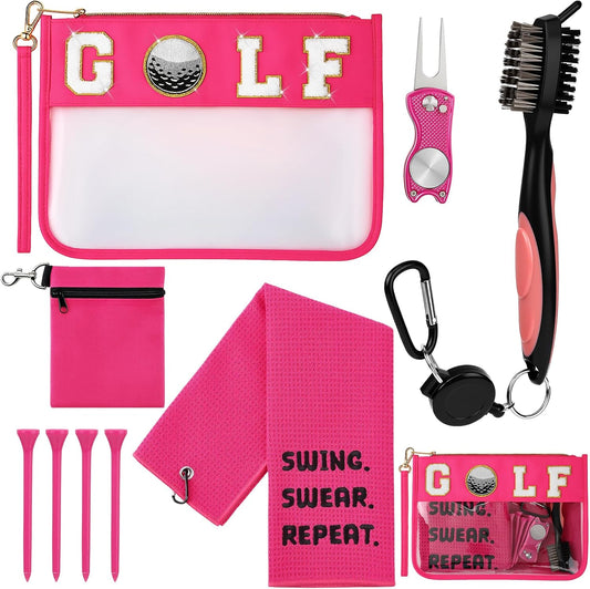 9 Pcs Golf Accessories Kit Included Golf Tees Towel Divot Tool Cleaner Brush Ball Bag PVC Makeup Bag with Chenille Letter Patch for Women Men Christmas Birthday Retirement Gifts
