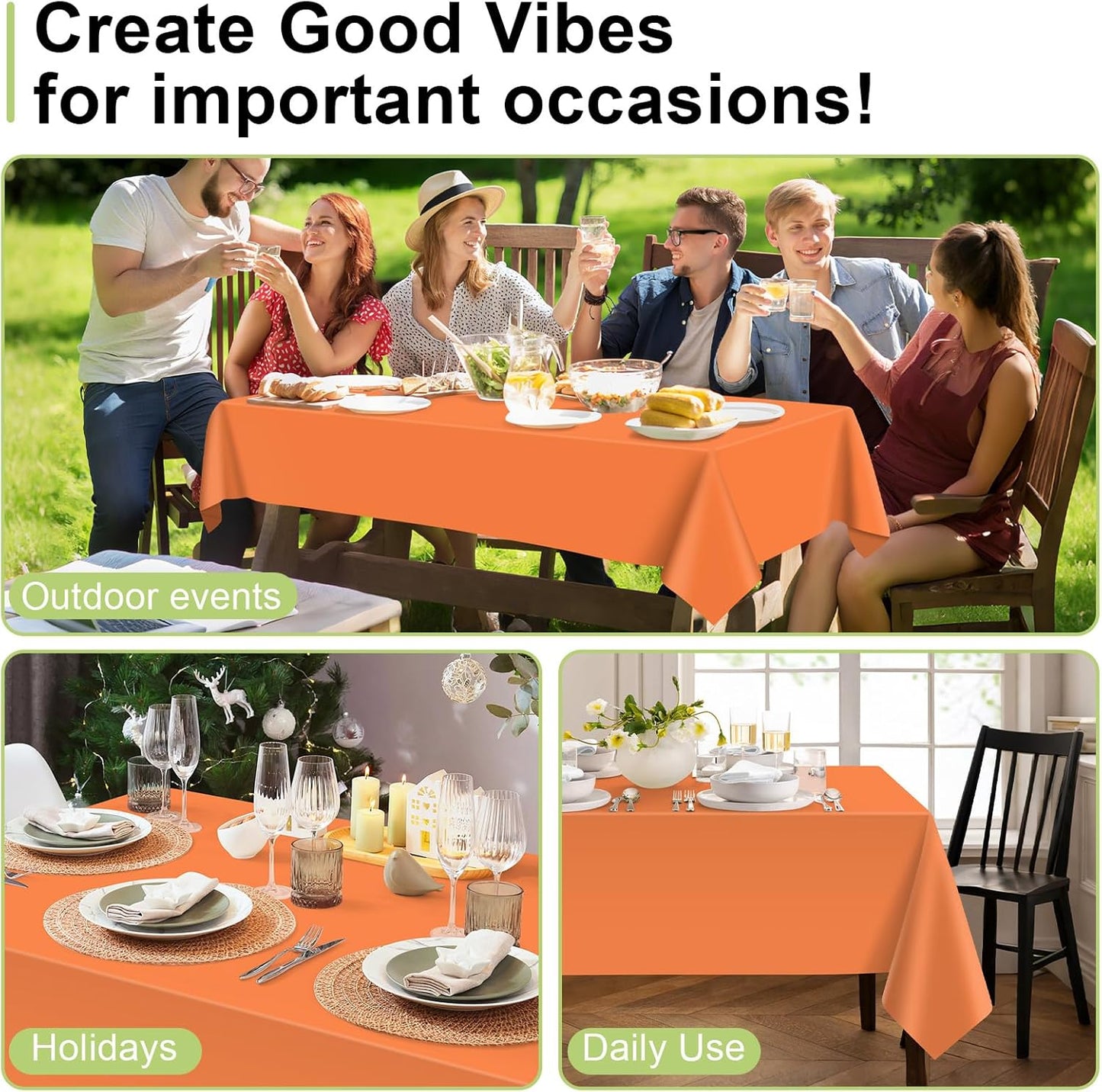 QIKSION Plastic Table Cloth Disposable 6 Pack, 54 x 108 Inch Tablecloths for Rectangle Tables, Orange Plastic Table Cover