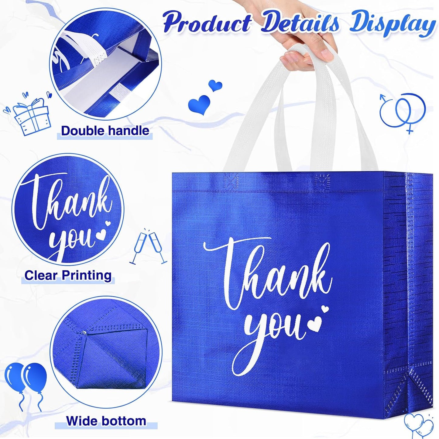 Sweetude 30 Pcs Thank You Gift Bags with Handles Bulk Reusable Goodie Bag Non Woven Foldable Handbag for Graduation Wedding Bridesmaid Gifts(11 x 12 x 5 Inch,Royal Blue)