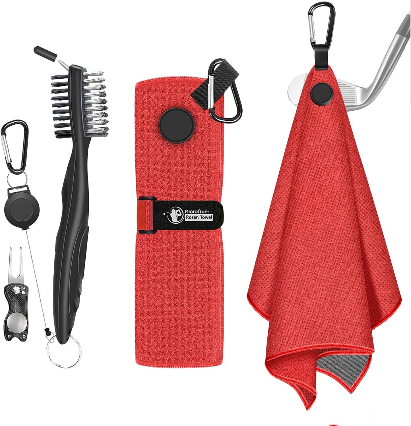 Magnetic Golf Towel with Brush and Divot Tool, Microfiber Golf Towel with Wire Cleaning Cloth for Men, Industrial Strength Magnet for Strong Hold to Golf Bags, Carts or Clubs (Red)