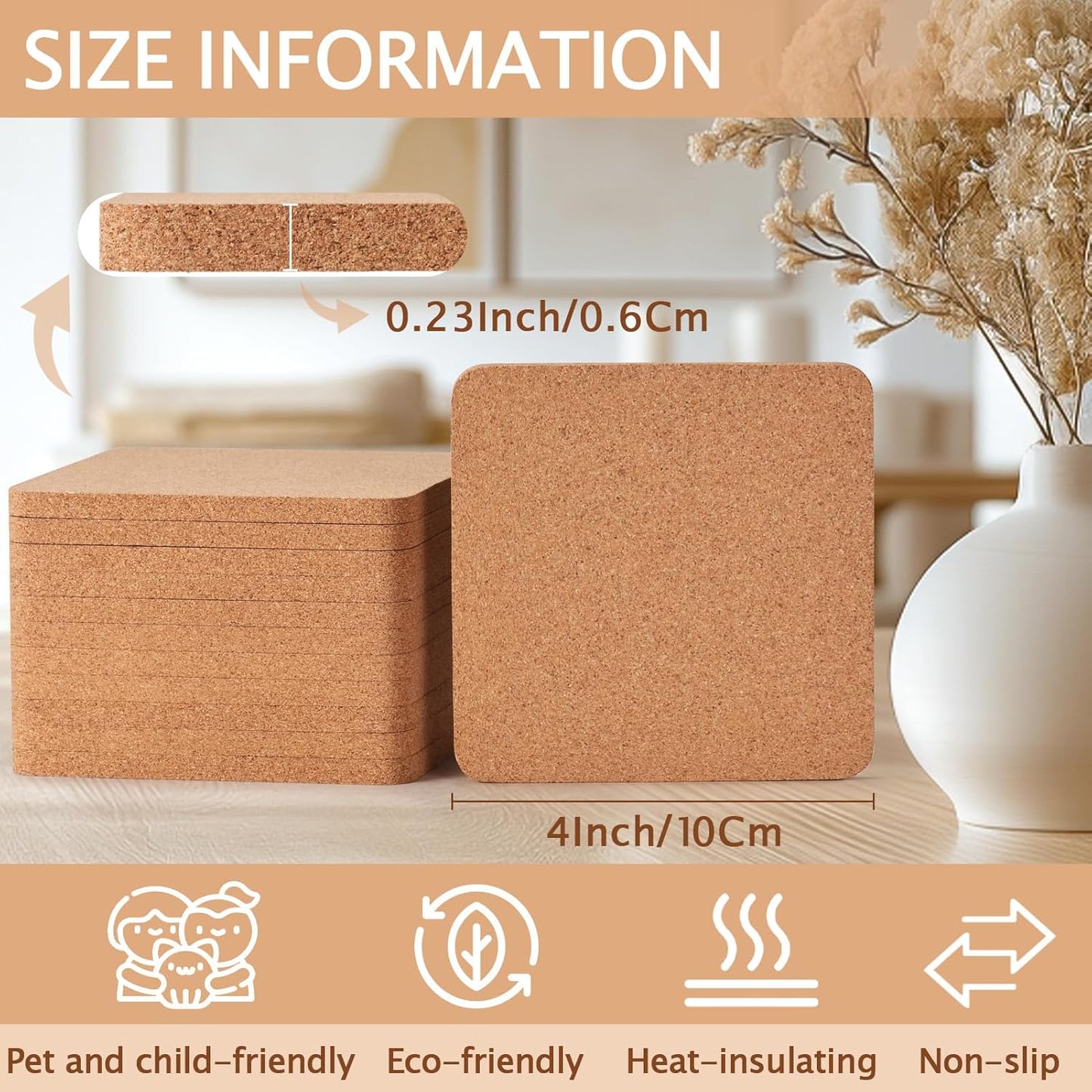 60 Pieces Cork Coasters for Drinks, GOH DODD Thicken Absorbent Blank Coasters for DIY Crafts Laser Engraving Sublimation Wood Burning Plants Painting Housewarming Gifts Wedding, Square, 4 Inch