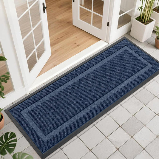 OLANLY Front Door Mat Indoor Outdoor Entrance, Waterproof All-Season, All-Weather Doormat, Sturdy Natural Rubber, Fade Resistant, Low Profile, Easy Clean Patio Porch Entryway Mat, 47x17, Blue