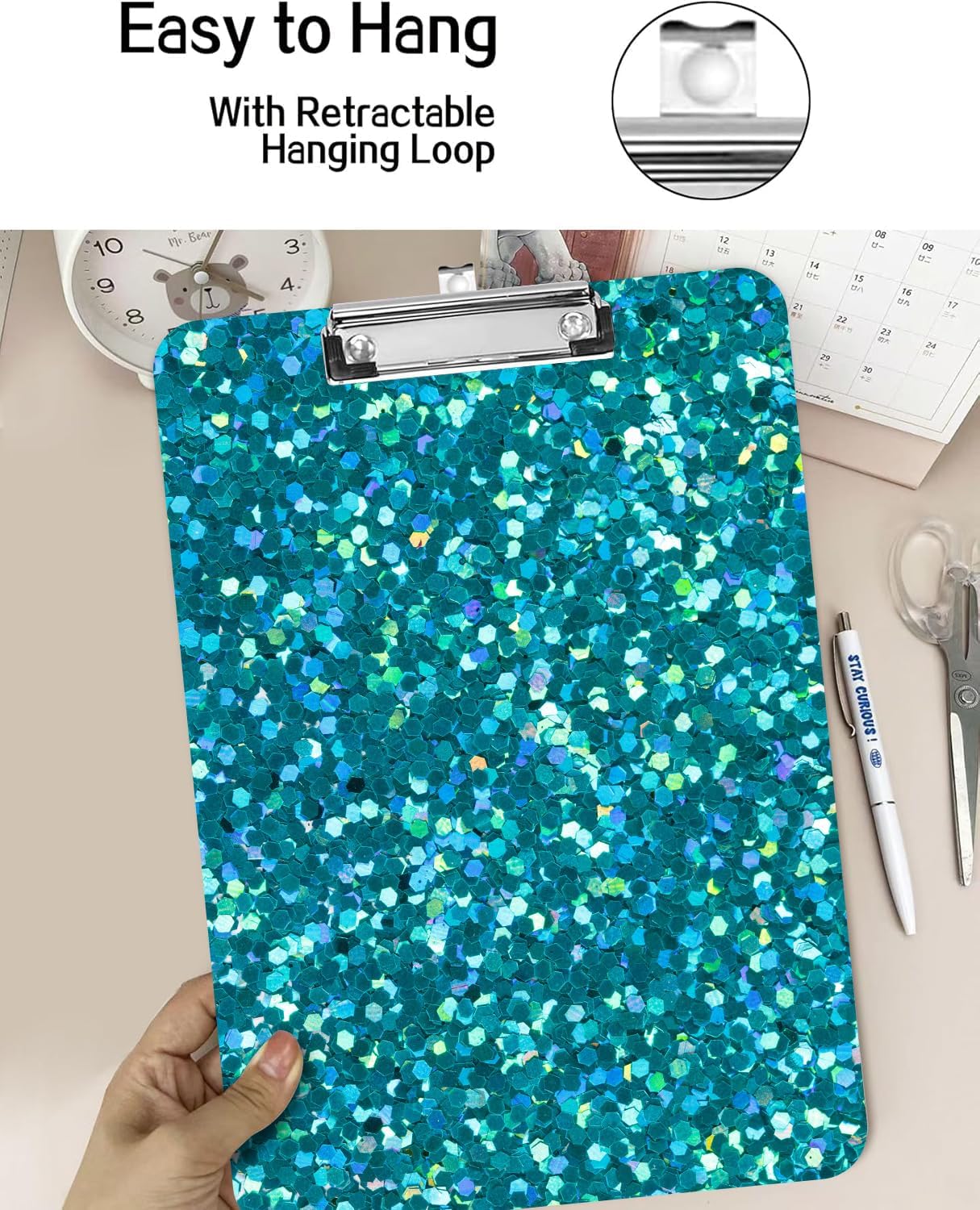 Fashion A4 Clipboard, Standard Letter Size 9" x 12.5", Decorative Wooden Clipboard with Low Profile Metal Clip for Office, School, Teachers, and Students, Cyan