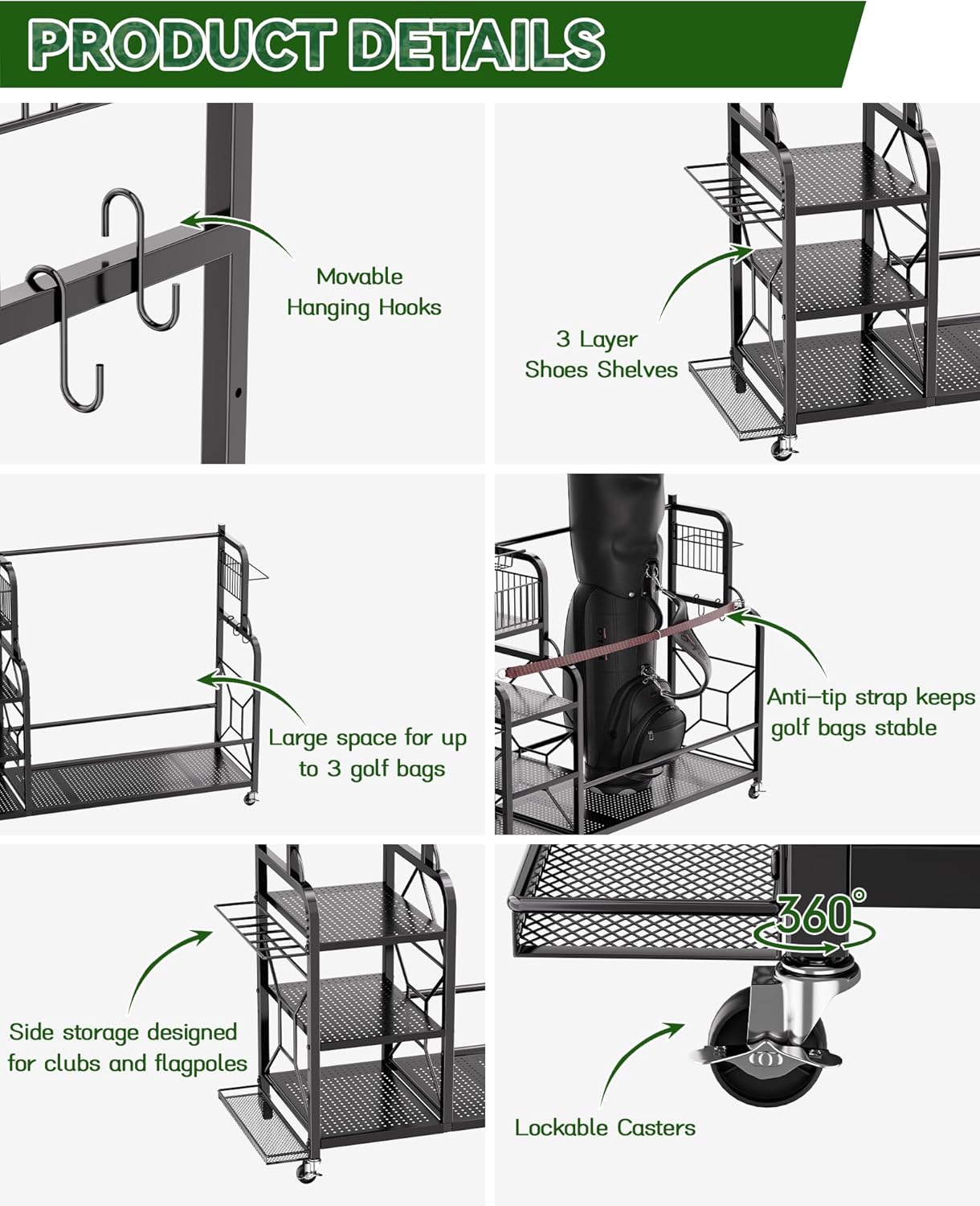 Golf Bag Organizer for 3 Golf Bags, Golf Bag Storage Rack For Garage, Golf Accessories For Men, Extra Large Size Golf Bag Storage Stand Golf Club Holder and Golf Gear Rack, Golf Gifts for Men