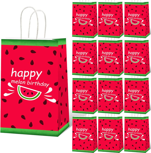 gisgfim 12 Pieces Watermelon Theme Party Bags - Summer Birthday Party Goody Treat Paper Bags - Fruit Theme For Kids Boys Teens Adults