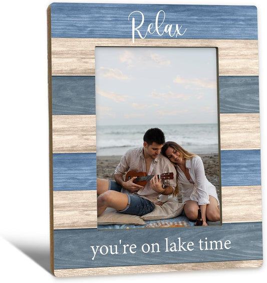 Lake House Gifts Picture Frame 5x7, Lake House Decor Photo Frame, Birthday Gifts for LakeLover Women Men, Relax You're on LakeTime Wooden Picture Photo Frames for Desk Home Room Decor