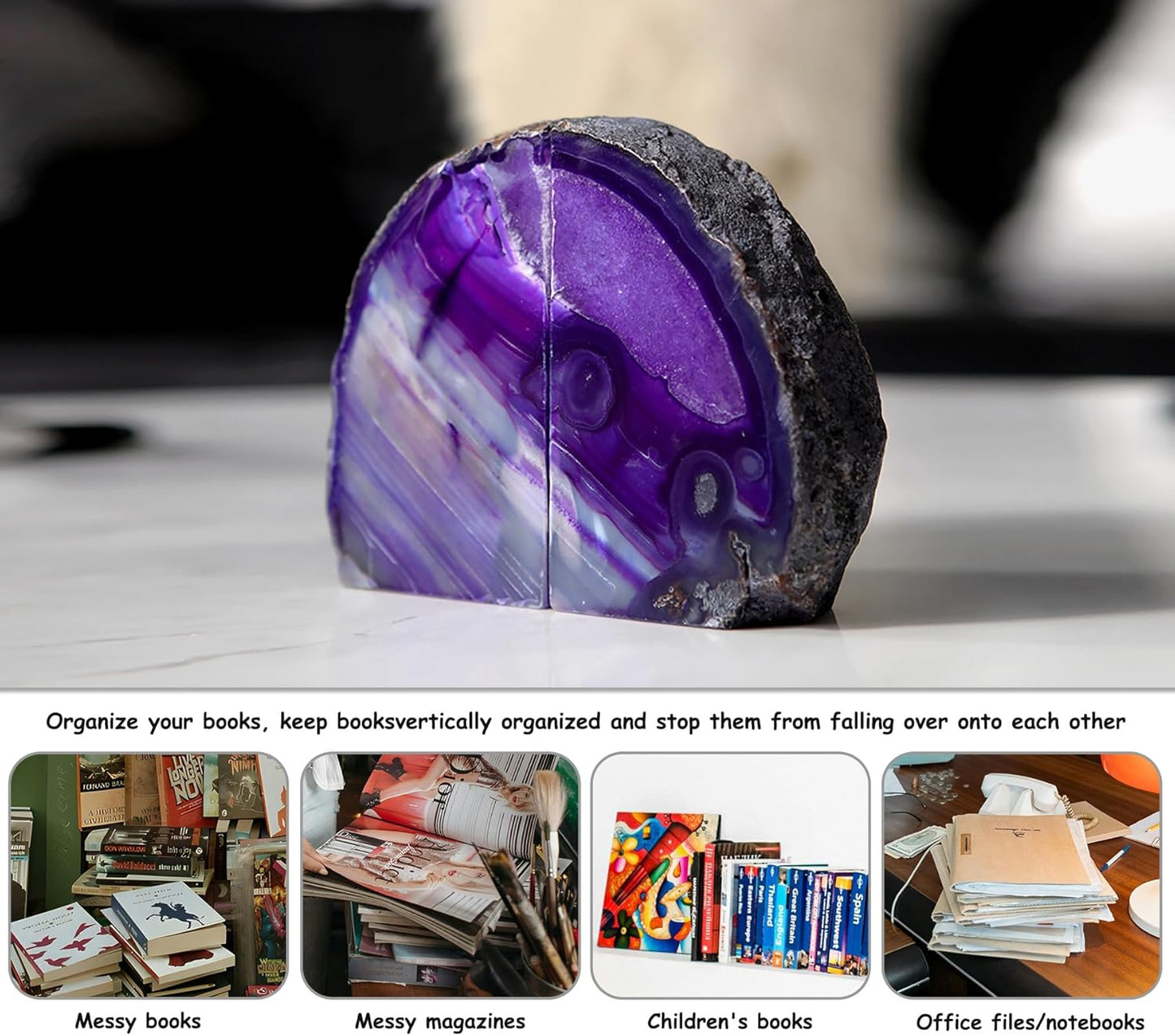 AMOYSTONE Purple Agate Bookends, Heavy Weight Decorative Book Ends for Shelves, Agate Stone Stopper 6-8 LBS for Heavy Books,Perfect for Home and Office Decor