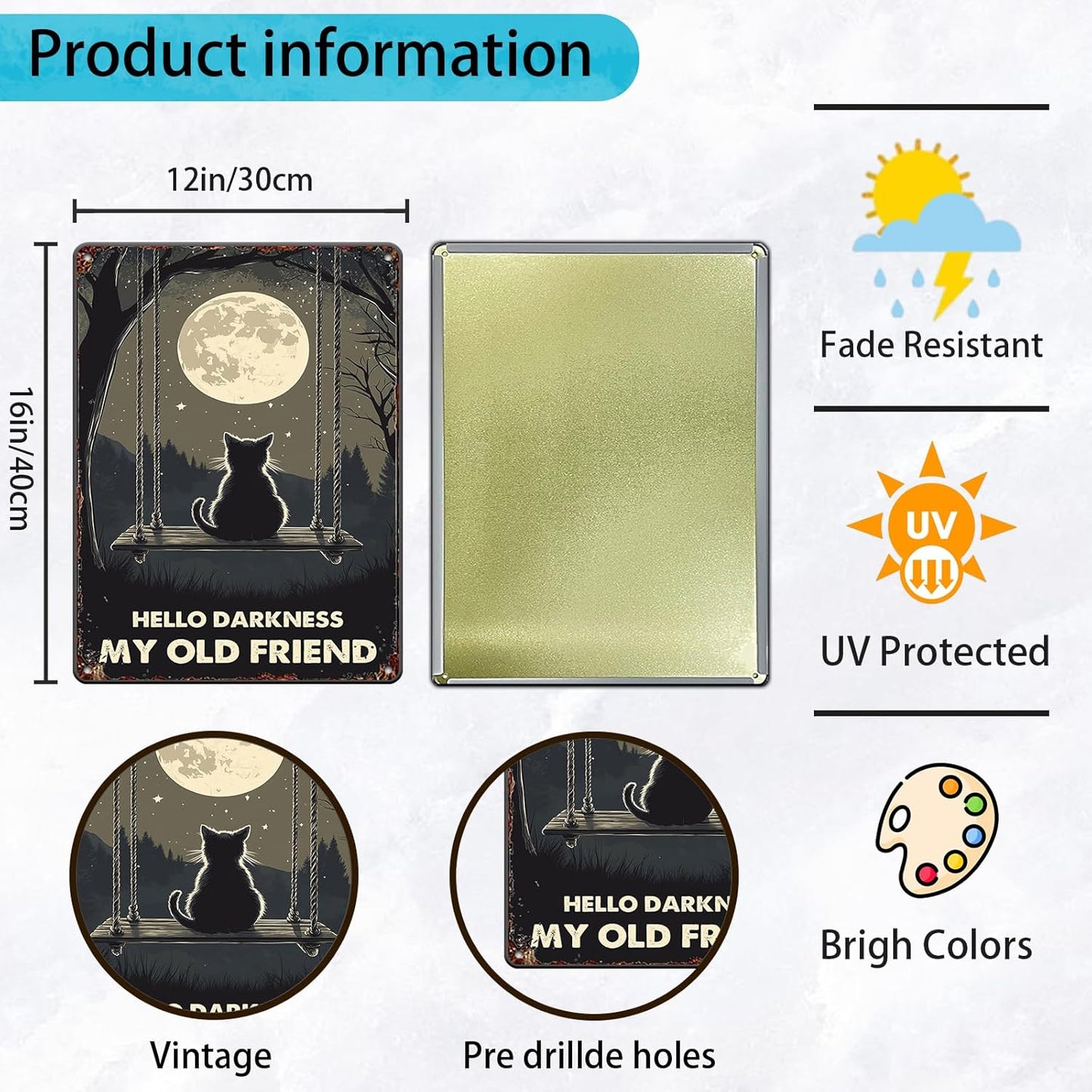 Vintage Wall Decor Metal Poster Plaque Black Cat Hello Darkness My Old Friend Iron Painting Wall Decor Nostalgic Tin Sign For Home Cofe Kitchen Pub Bar 12x16 Inch