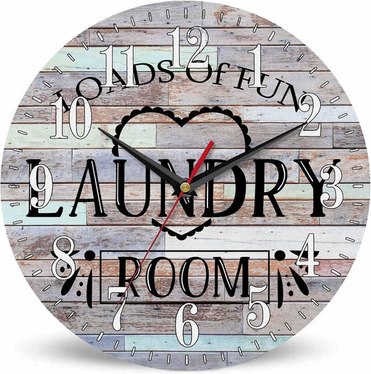 Mxocom Laundry Room Wall Clock Colored Wooden Boards Simple 10 Inch Silent Non Ticking Battery Operated Clock Vintage Round Clock for Living Room Bedroom Bathroom Office Decor