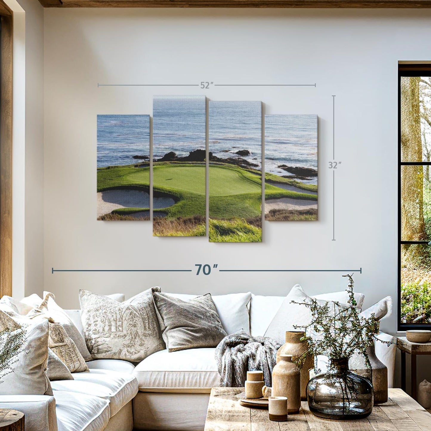 Elephant Stock Pebble Beach Golf Turf Wall Art - Horizontal Canvas - 4-Piece Hallway Wall Decor - Photographic Canvas Print - Brown and Blue Decor for Wall - 52" X 32"