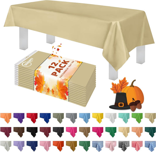 Grandipity 12 Pack Premium Disposable Plastic Tablecloth 54 Inch. x 108 Inch. Decorative Rectangle Table Cover - Beige
