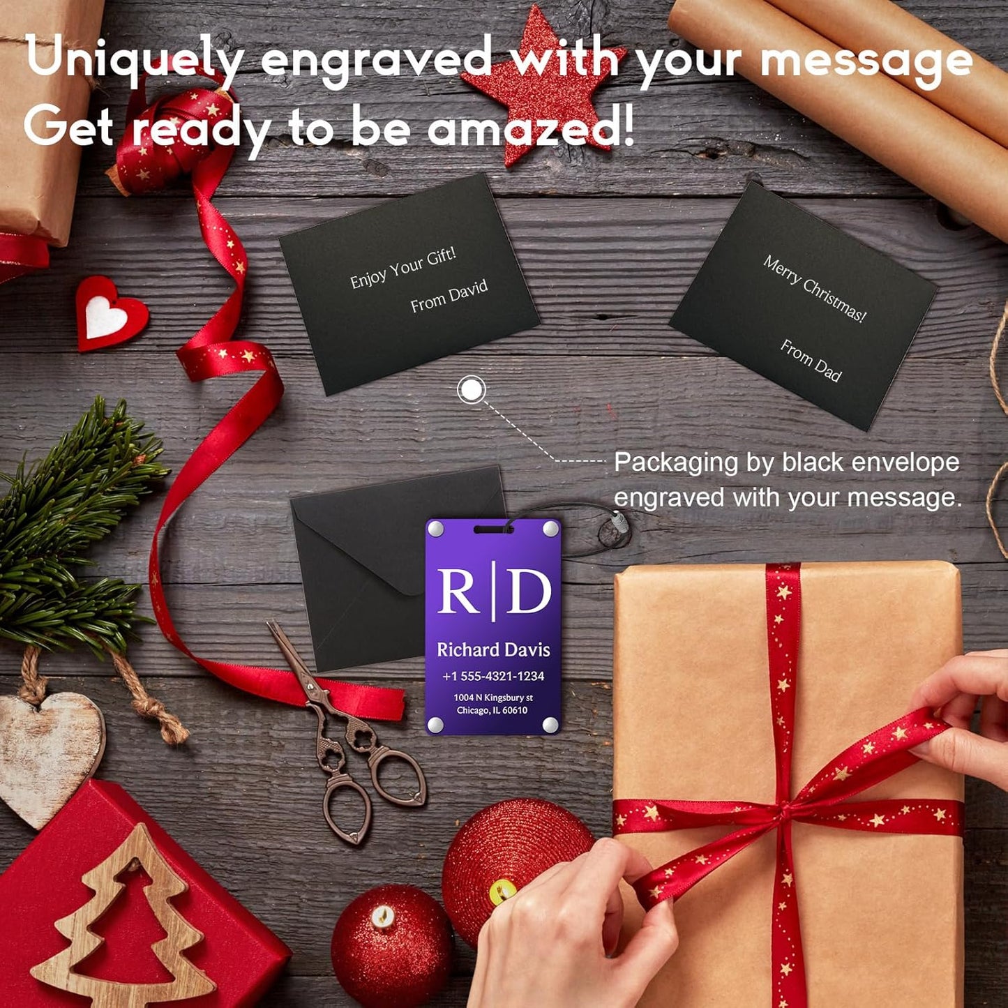 Personalized Luggage Tags for Suitcases - Monogram Style Aluminum Custom Luggage Tags for Backpacks & Bags, Sturdy, Waterproof & Heavy Duty (Purple/Card-Sized)