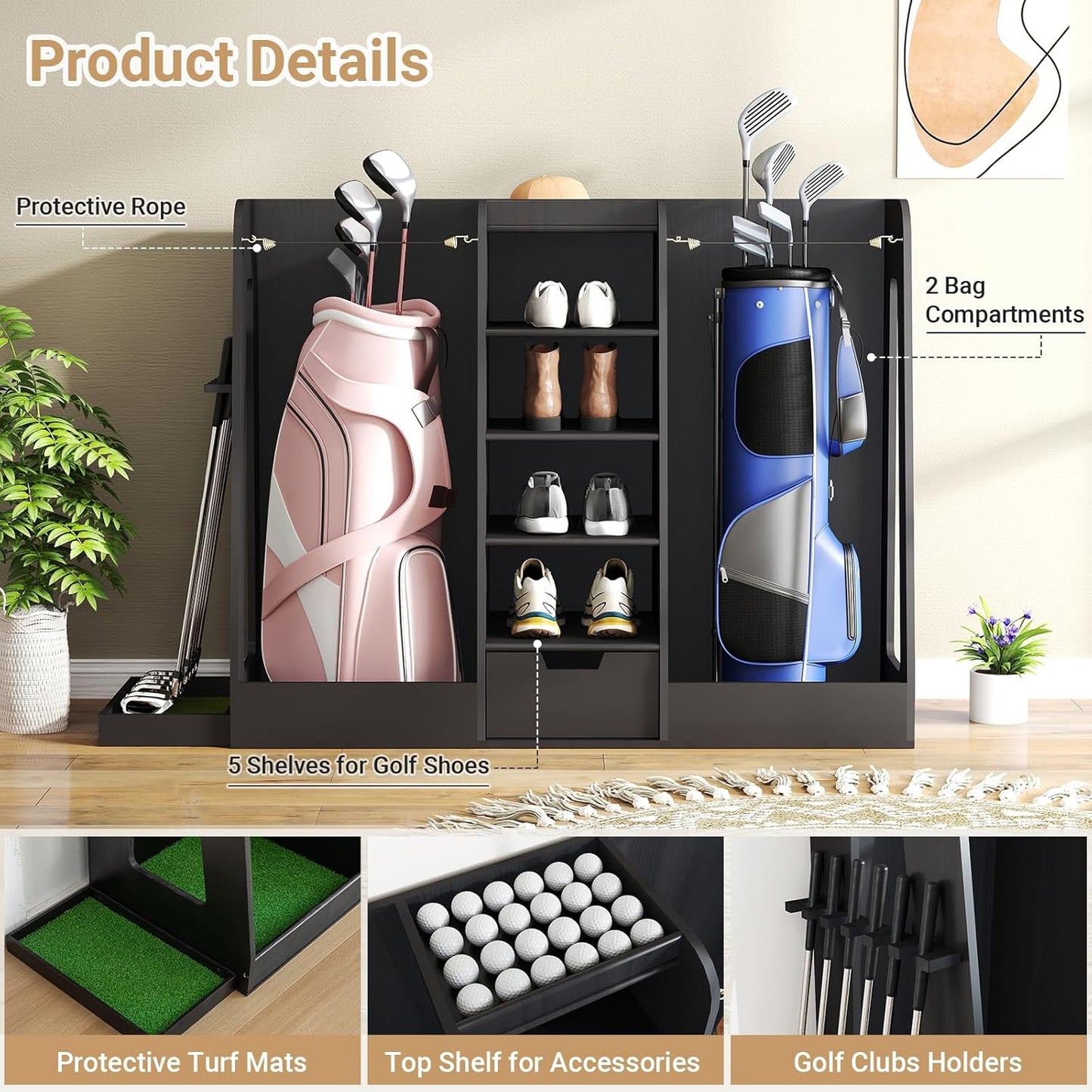 Wooden Golf Bag Organizer and Storage Rack, Golf Storage Organizer for Garage, Golf Bag storage Rack, Holds 2 Golf Bags and Golfing Equipment, Suitable for Garage Golf Club Home