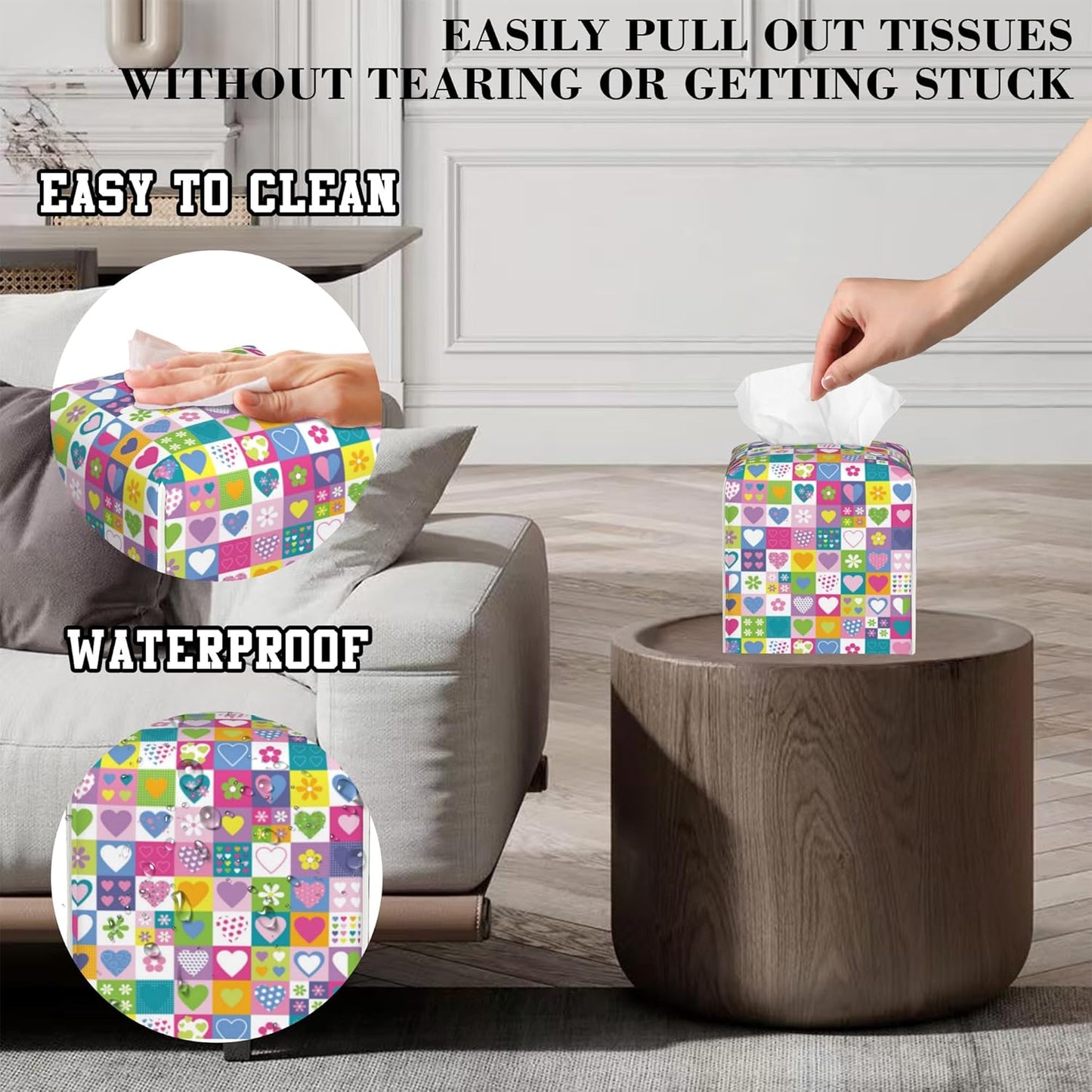 Checkered Hearts and Flowers Tissue Box Cover Square, Tissue Box Holder Leather Facial Paper Case Decorative Organizer Holder Dispenser Home Office Car Decor