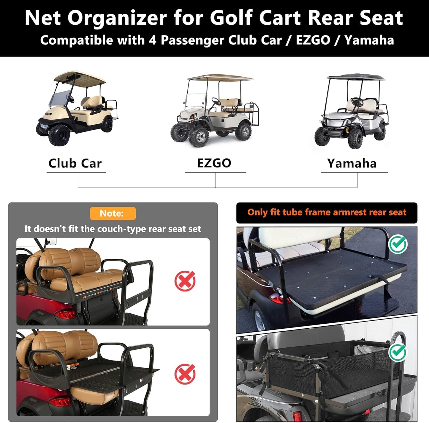 Golf Cart Cargo Mesh Organizer Compatible with Yamaha, Club Car, EZGO, Golf Cart Storage Net with Adjustable Buckle Strap